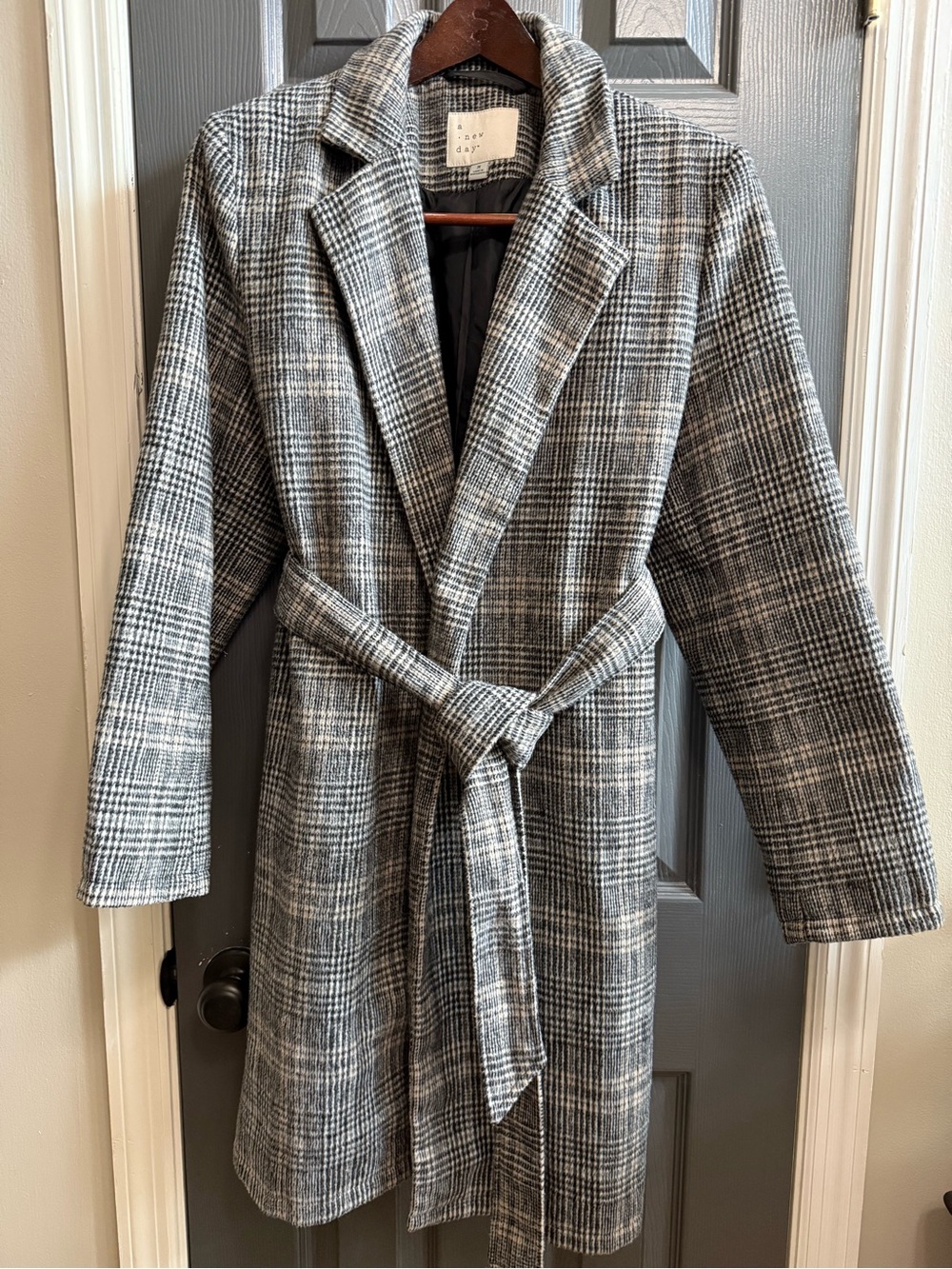 Plaid Trench Coat Dark Academia Long Belted Overcoat Blazer Jacket Grey Black M